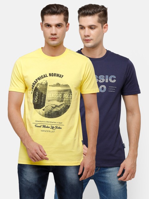 

Classic Polo Men Pack Of 2 Yellow & Blue Typography Printed Slim Fit T-shirt
