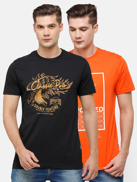 

Classic Polo Men Pack Of 2 Orange Typography Printed Slim Fit T-shirt