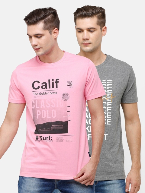 

Classic Polo Men Pack Of 2 Grey Melange & Pink Typography Printed Slim Fit T-shirt