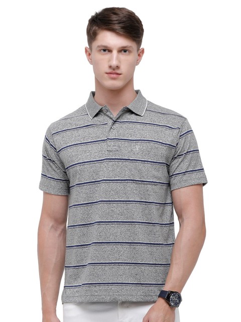 

Classic Polo Men Grey & Blue Striped Polo Collar Slim Fit T-shirt