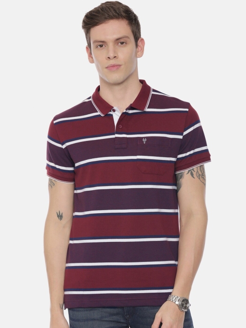 

Classic Polo Men Maroon & White Striped Polo Collar Slim Fit T-shirt
