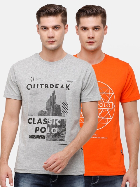 

Classic Polo Men Pack Of 2 Grey Melange & Orange Printed Slim Fit T-shirt
