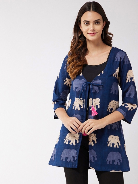 

InWeave Women Blue & Cream-Coloured Printed Bohemian Cotton Tie-Up Shrug