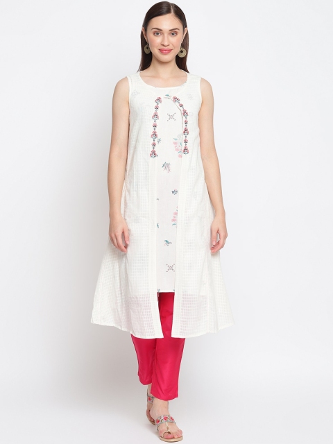 

IMARA Women White Floral Embroidered Layered Kurta