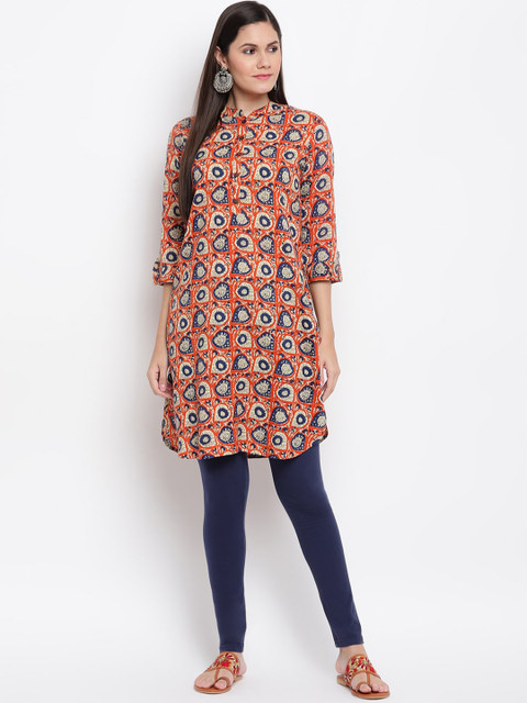 

IMARA Women Rust & Blue Ethnic Motifs Printed Liva Kurta