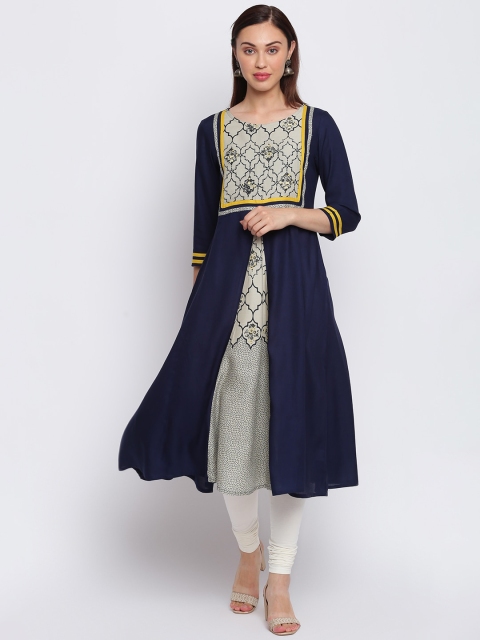 

IMARA Women Navy Blue Yoke Design Thread Work Liva High-Slit Kurta