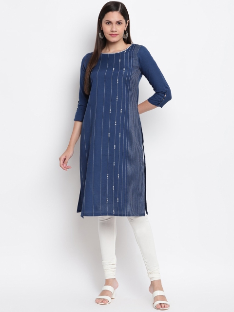 

IMARA Women Navy Blue Striped Thread Work Liva Kurta