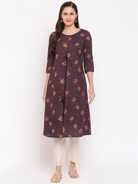 

IMARA Women Maroon & Black Ethnic Motifs Printed Thread Work Liva Layered Kurta