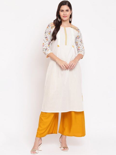

IMARA Women White & Yellow Thread Work Kurta