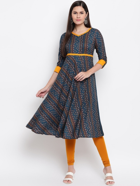

IMARA Women Navy Blue & Yellow Geometric Printed Liva Anarkali Kurta