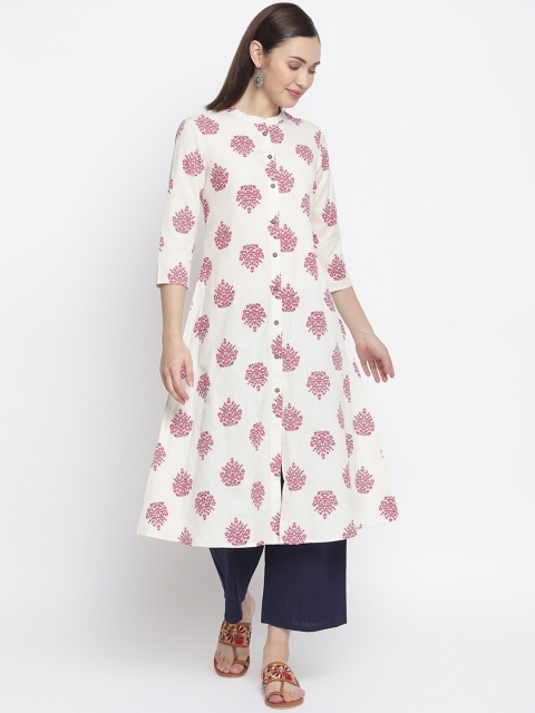 

IMARA Women Off White & Pink Ethnic Motifs Printed Kurta