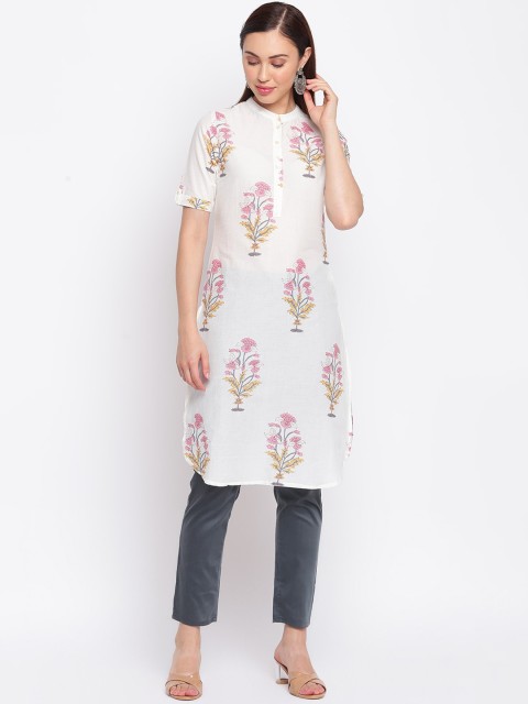 

IMARA Women Off White & Pink Floral Printed Kurta