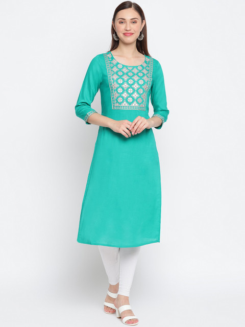 

IMARA Women Turquoise Blue Geometric Yoke Design Liva Kurta