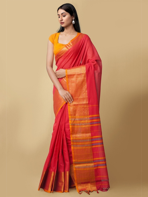 

Unnati Silks Red & Yellow Zari Pure Cotton Narayan Peth Saree