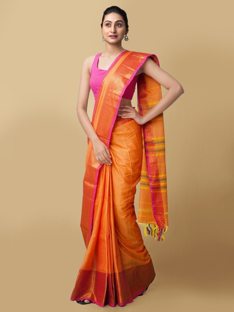

Unnati Silks Orange & Green Woven Design Pure Cotton Narayan Peth Saree