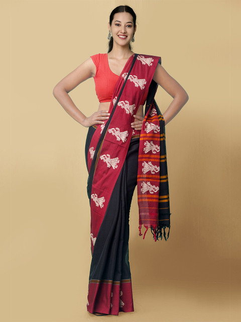 

Unnati Silks Women Black & Red Pure Handloom Kanchi Cotton Sustainable Saree