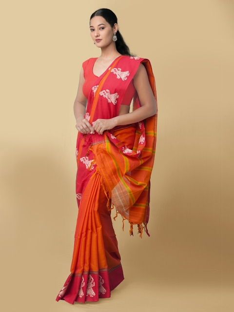 

Unnati Silks Orange & Red Pure Cotton Kanjeevaram Saree