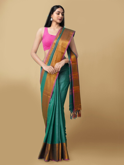 

Unnati Silks Women Green & Pink Pure Handloom Narayanpet Cotton Sustainable Saree