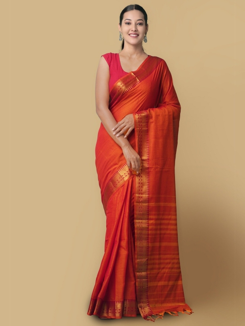

Unnati Silks Orange & Gold Woven Design Pure Cotton Narayan Peth Saree