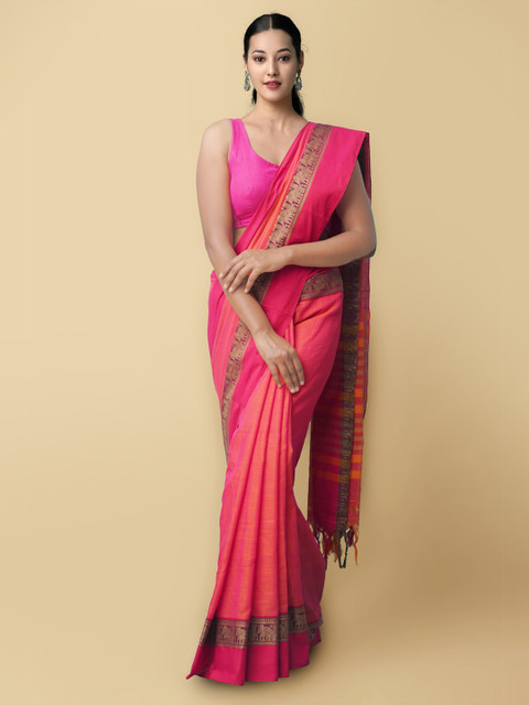 

Unnati Silks Orange & Pink Woven Design Pure Cotton Kanjeevaram Saree