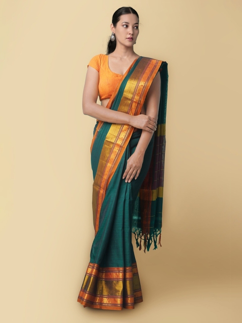 

Unnati Silks Green & Orange Zari Pure Cotton Narayan Peth Saree