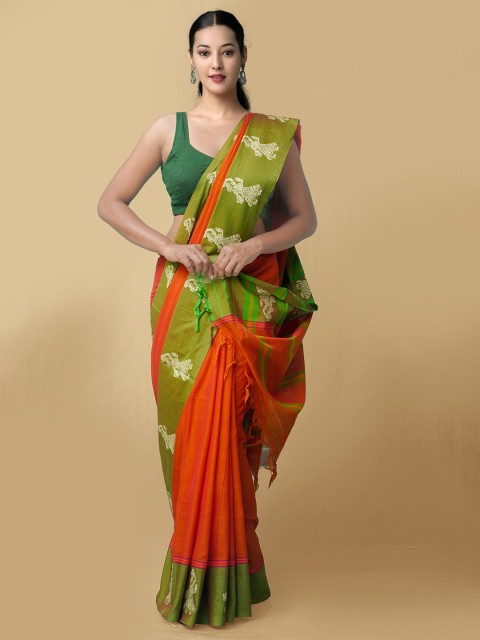 

Unnati Silks Orange & Green Woven Design Pure Cotton Kanjeevaram Saree