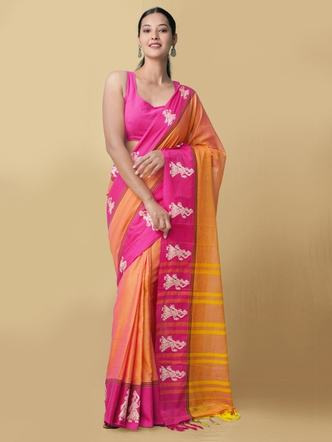 

Unnati Silks Orange & Pink Ethnic Motifs Pure Cotton Kanjeevaram Saree
