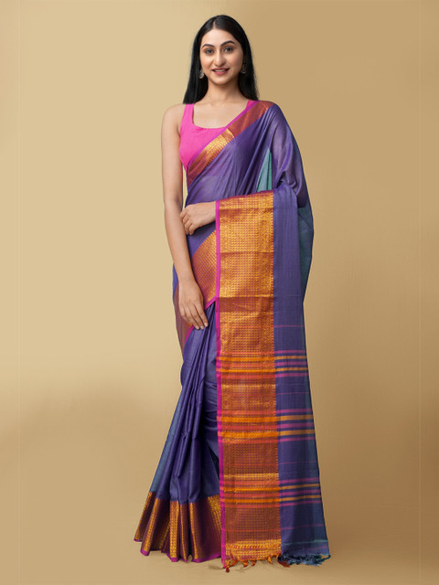 

Unnati Silks Blue & Magenta Pure Cotton Narayan Peth Saree