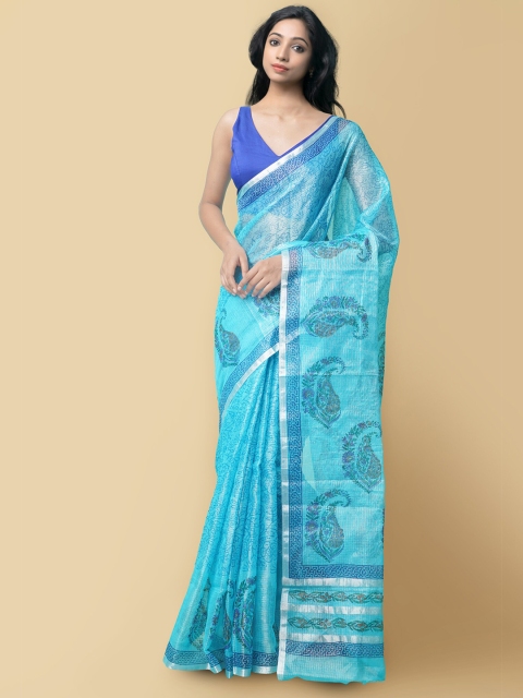 

Unnati Silks Blue & Silver Ethnic Motifs Organza Block Print Saree