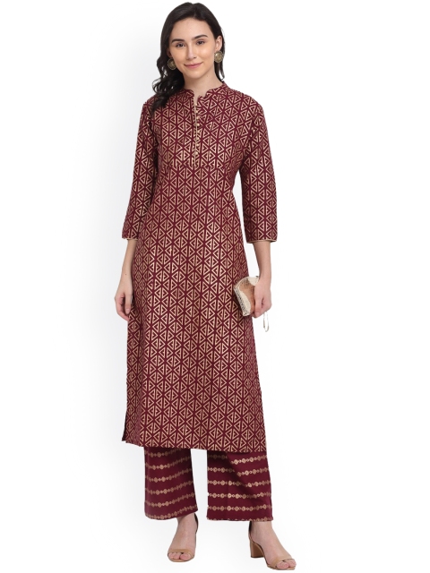 

GoSriKi Women Brown & Gold-Toned Geometric Printed Kurta with Palazzos