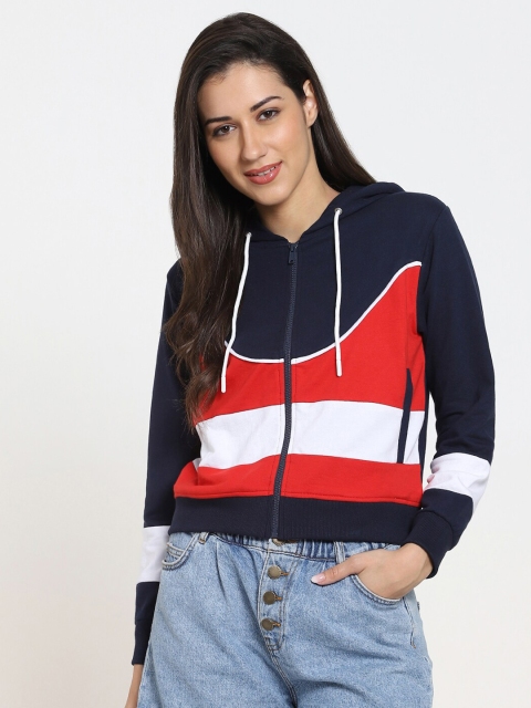 

Bewakoof Women Navy Blue & Red Colourblocked Crop Hooded Front-Open Sweatshirt