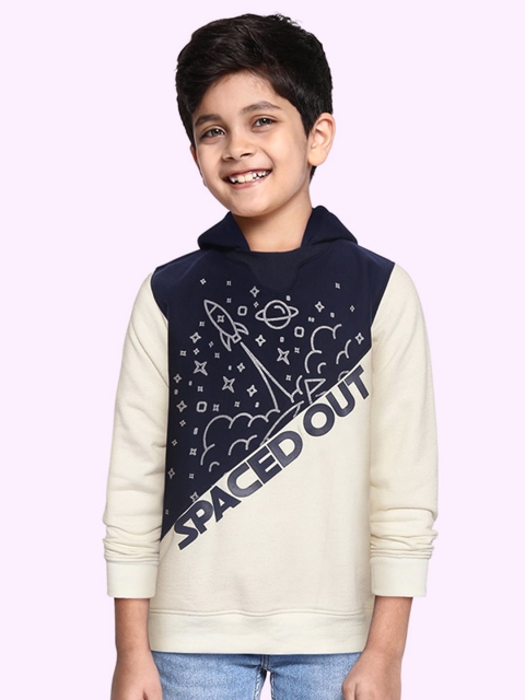 

GOJI Boys Navy Blue & Cream-Coloured Printed Hooded Sweatshirt