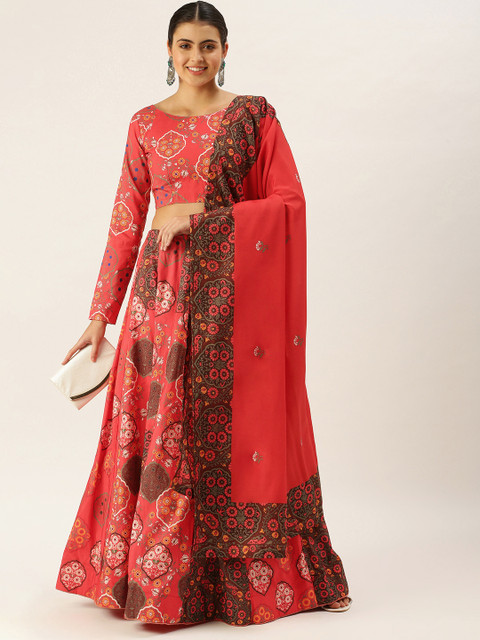 

LOOKNBOOK ART Women Coral Pink Semi-Stitched Lehenga & Unstitched Blouse With Dupatta