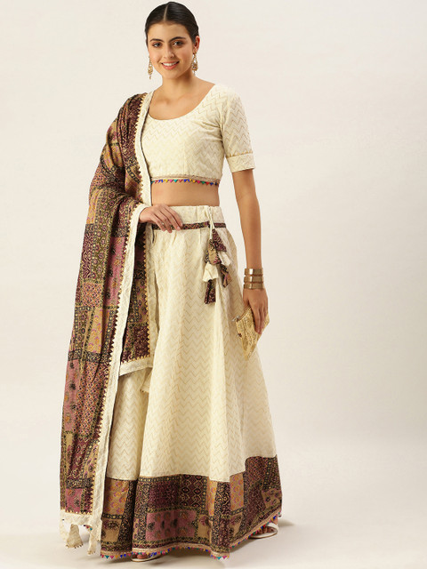 

LOOKNBOOK ART Women Off White Ikat Semi-Stitched Lehenga & Unstitched Blouse With Dupatta