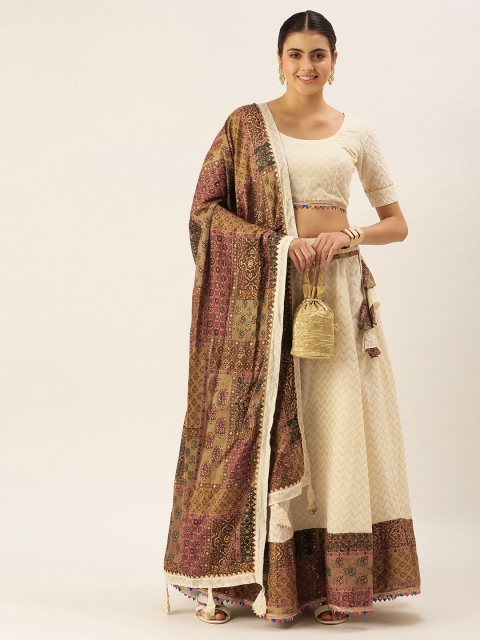 

LOOKNBOOK ART Women Off White Ikat Semi-Stitched Lehenga & Unstitched Blouse With Dupatta