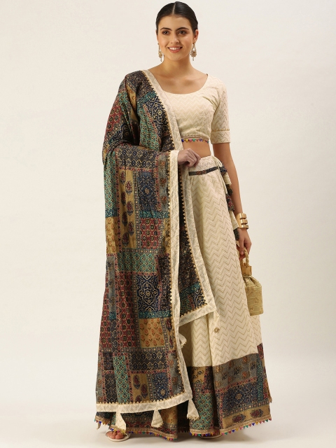 

LOOKNBOOK ART Women Off White Ikat Semi-Stitched Lehenga & Unstitched Blouse With Dupatta