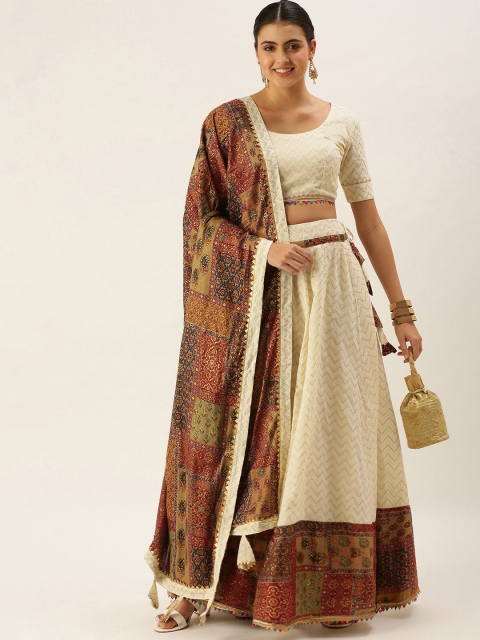 

LOOKNBOOK ART Women Off White Ikat Semi-Stitched Lehenga & Unstitched Blouse With Dupatta