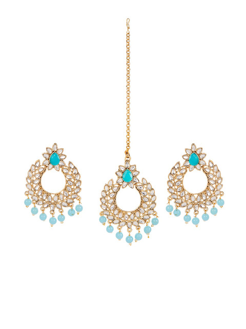 

ANIKAS CREATION Gold-Plated & Turquoise Blue Kundan Pearl Earring & Maangtika Set