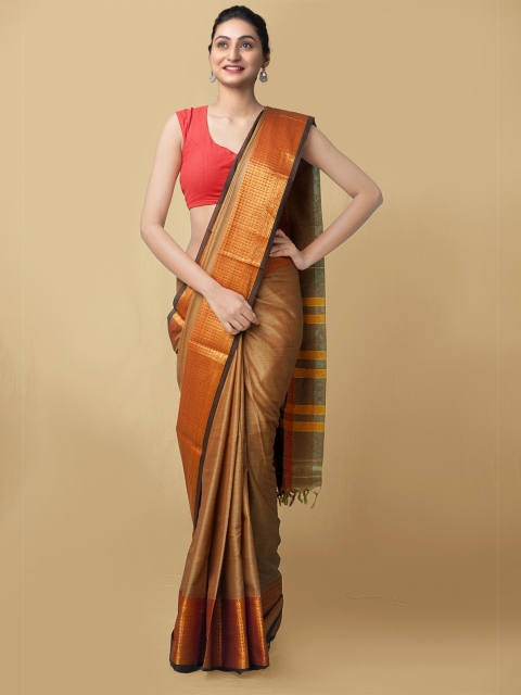 

Unnati Silks Brown & Gold Zari Pure Cotton Narayan Peth Saree