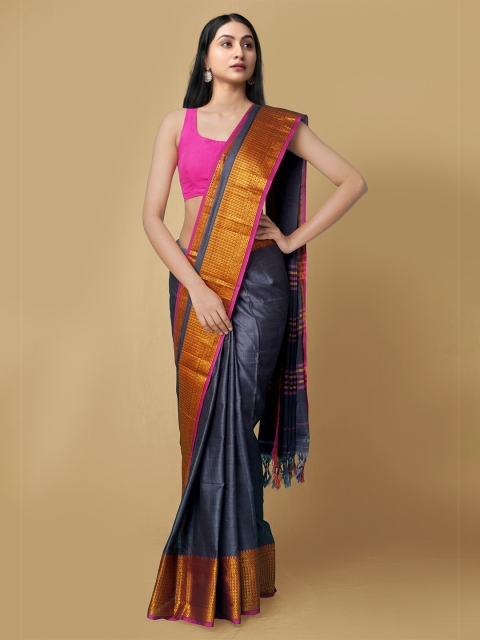 

Unnati Silks Grey & Gold Zari Pure Cotton Narayan Peth Saree