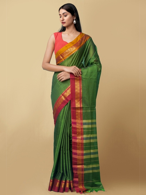 

Unnati Silks Green & Red Zari Pure Cotton Narayan Peth Saree
