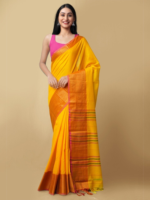 

Unnati Silks Yellow & Red Zari Pure Cotton Narayan Peth Saree