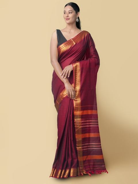 

Unnati Silks Maroon & Gold Zari Pure Cotton Narayan Peth Saree