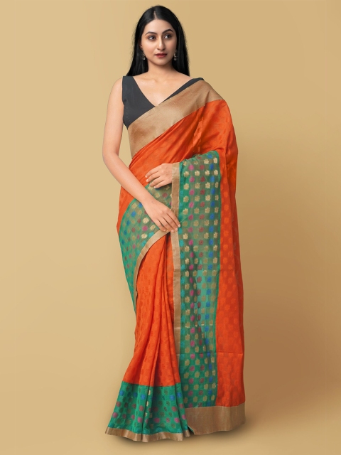 

Unnati Silks Orange & Green Ethnic Motifs Zari Silk Cotton Banarasi Saree
