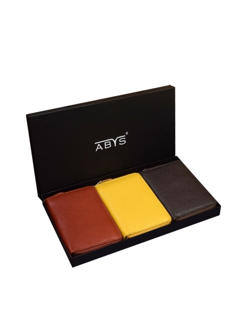 

ABYS Unisex Brown & Yellow Pack Of 3 Textured Leather Zip Around Wallet