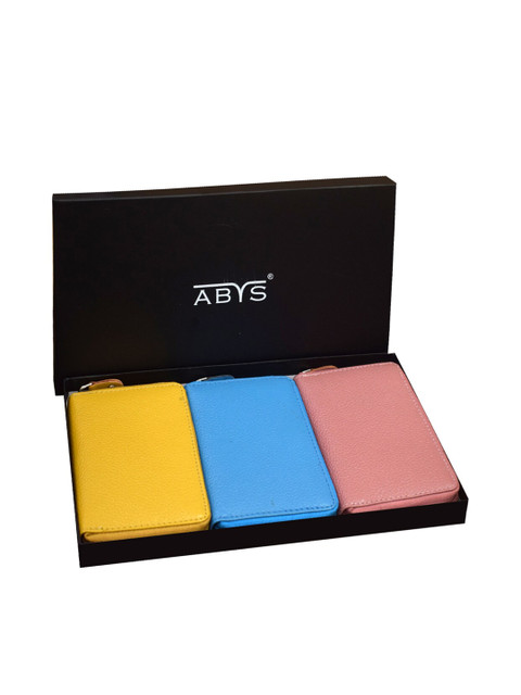 

ABYS Unisex Pack Of 3 Textured Genuine Leather Women Zip Around Wallet, Yellow