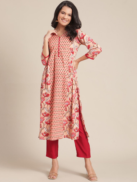 

Varanga Women Peach-Coloured Floral Printed Kurta