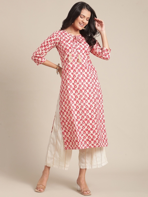 

Varanga Women Cream-Coloured & Pink Ethnic Motifs Printed Keyhole Neck Kurta