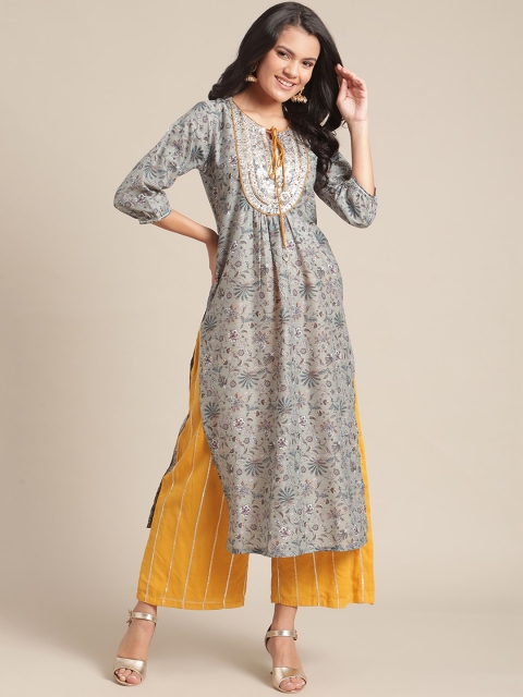 

Varanga Women Sea Green & Mustard Yellow Ethnic Motifs Printed Keyhole Neck Kurta