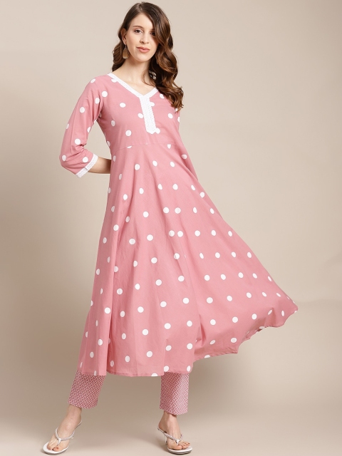 

Varanga Women Mauve & White Polka Dots Printed A-Line Kurta with Trousers